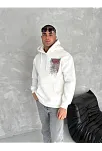 Uzun Kol Kapüşonlu Ön Ve Arka Baskılı Sweatshirt - Beyaz