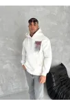 Uzun Kol Kapüşonlu Ön Ve Arka Baskılı Sweatshirt - Beyaz