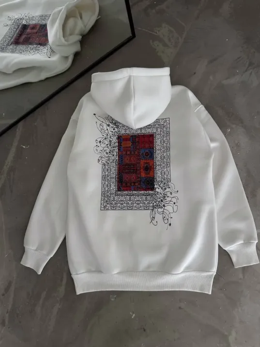 Uzun Kol Kapüşonlu Ön Ve Arka Baskılı SweatShirt - Beyaz