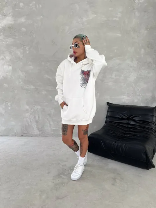 Uzun Kol Kapüşonlu Ön Ve Arka Baskılı SweatShirt - Beyaz