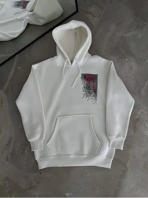 Uzun Kol Kapüşonlu Ön Ve Arka Baskılı Sweatshirt - Beyaz