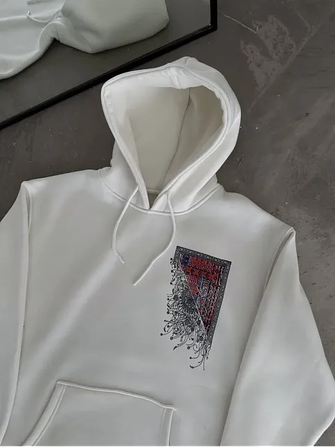Uzun Kol Kapüşonlu Ön Ve Arka Baskılı Sweatshirt - Beyaz