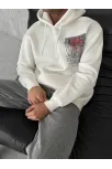 Uzun Kol Kapüşonlu Ön Ve Arka Baskılı Sweatshirt - Beyaz