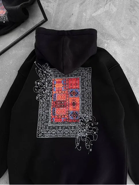 Uzun Kol Kapüşonlu Ön Ve Arka Baskılı Sweatshirt - Siyah