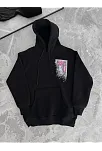 Uzun Kol Kapüşonlu Ön Ve Arka Baskılı Sweatshirt - Siyah