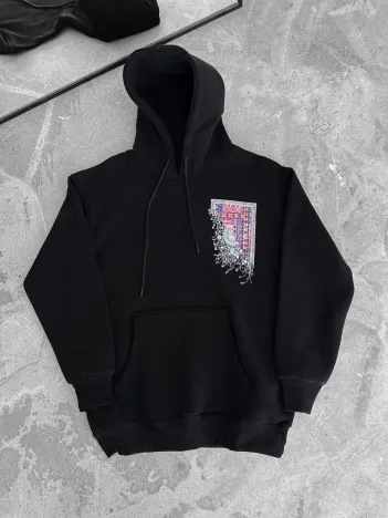 Uzun Kol Kapüşonlu Ön Ve Arka Baskılı SweatShirt - Siyah