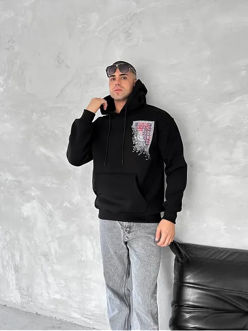 Uzun Kol Kapüşonlu Ön Ve Arka Baskılı Sweatshirt - Siyah