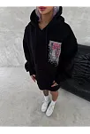 Uzun Kol Kapüşonlu Ön Ve Arka Baskılı Sweatshirt - Siyah