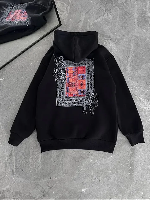 Uzun Kol Kapüşonlu Ön Ve Arka Baskılı Sweatshirt - Siyah
