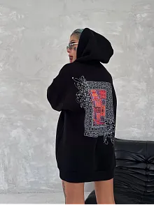 Uzun Kol Kapüşonlu Ön Ve Arka Baskılı Sweatshirt - Siyah