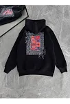 Uzun Kol Kapüşonlu Ön Ve Arka Baskılı Sweatshirt - Siyah
