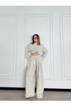 Uzun Kollu Önü İp Büzgülü Crop Ve Pantolon İkili Takım - Gri
