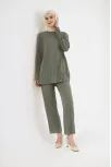 Uzun Kollu Organik Yıkanmış Kumaş Fitilli Pantolonlu Takım - Yeşil