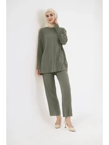 Uzun Kollu Organik Yıkanmış Kumaş Fitilli Pantolonlu Takım - Yeşil