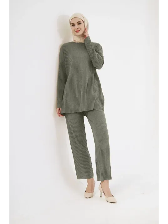 Uzun Kollu Organik Yıkanmış Kumaş Fitilli Pantolonlu Takım - Yeşil