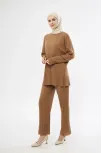 Uzun Kollu Organik Yıkanmış Kumaş Fitilli Pantolonlu Takım - Kahve Uzun Kollu Organik Yıkanmış Kumaş Fitilli Pantolonlu Takım - Kahve