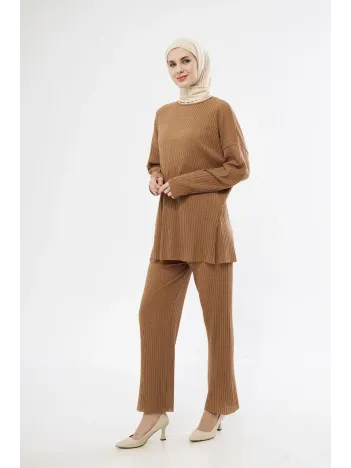 Uzun Kollu Organik Yıkanmış Kumaş Fitilli Pantolonlu Takım - Kahve