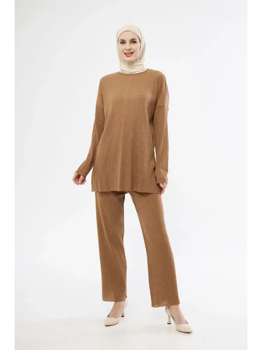 Uzun Kollu Organik Yıkanmış Kumaş Fitilli Pantolonlu Takım - Kahve Uzun Kollu Organik Yıkanmış Kumaş Fitilli Pantolonlu Takım - Kahve