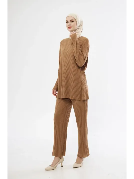 Uzun Kollu Organik Yıkanmış Kumaş Fitilli Pantolonlu Takım - Kahve Uzun Kollu Organik Yıkanmış Kumaş Fitilli Pantolonlu Takım - Kahve