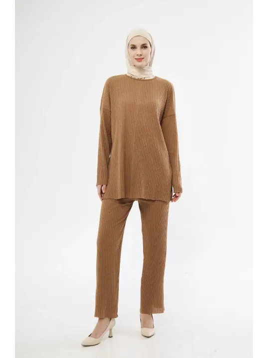 Uzun Kollu Organik Yıkanmış Kumaş Fitilli Pantolonlu Takım - Kahve Uzun Kollu Organik Yıkanmış Kumaş Fitilli Pantolonlu Takım - Kahve