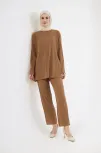 Uzun Kollu Organik Yıkanmış Kumaş Fitilli Pantolonlu Takım - Kahve Uzun Kollu Organik Yıkanmış Kumaş Fitilli Pantolonlu Takım - Kahve