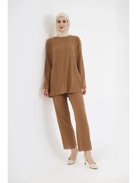 Uzun Kollu Organik Yıkanmış Kumaş Fitilli Pantolonlu Takım - Kahve Uzun Kollu Organik Yıkanmış Kumaş Fitilli Pantolonlu Takım - Kahve