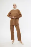 Uzun Kollu Organik Yıkanmış Kumaş Fitilli Pantolonlu Takım - Kahve Uzun Kollu Organik Yıkanmış Kumaş Fitilli Pantolonlu Takım - Kahve