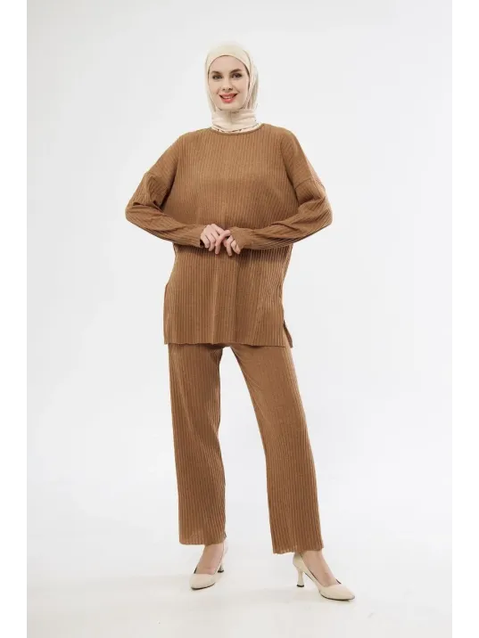 Uzun Kollu Organik Yıkanmış Kumaş Fitilli Pantolonlu Takım - Kahve Uzun Kollu Organik Yıkanmış Kumaş Fitilli Pantolonlu Takım - Kahve