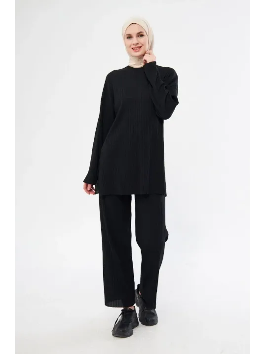 Uzun Kollu Organik Yıkanmış Kumaş Fitilli Pantolonlu Takım - Siyah Uzun Kollu Organik Yıkanmış Kumaş Fitilli Pantolonlu Takım - Siyah