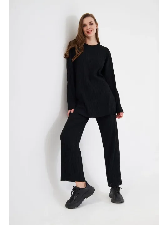 Uzun Kollu Organik Yıkanmış Kumaş Fitilli Pantolonlu Takım - Siyah Uzun Kollu Organik Yıkanmış Kumaş Fitilli Pantolonlu Takım - Siyah