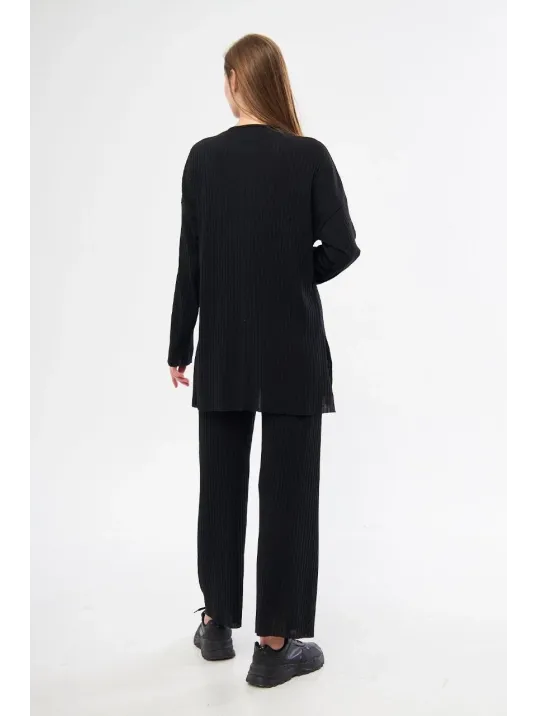 Uzun Kollu Organik Yıkanmış Kumaş Fitilli Pantolonlu Takım - Siyah Uzun Kollu Organik Yıkanmış Kumaş Fitilli Pantolonlu Takım - Siyah