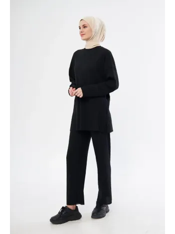 Uzun Kollu Organik Yıkanmış Kumaş Fitilli Pantolonlu Takım - Siyah