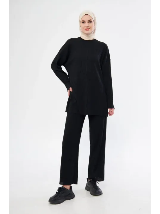 Uzun Kollu Organik Yıkanmış Kumaş Fitilli Pantolonlu Takım - Siyah Uzun Kollu Organik Yıkanmış Kumaş Fitilli Pantolonlu Takım - Siyah