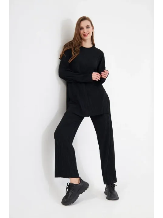 Uzun Kollu Organik Yıkanmış Kumaş Fitilli Pantolonlu Takım - Siyah Uzun Kollu Organik Yıkanmış Kumaş Fitilli Pantolonlu Takım - Siyah