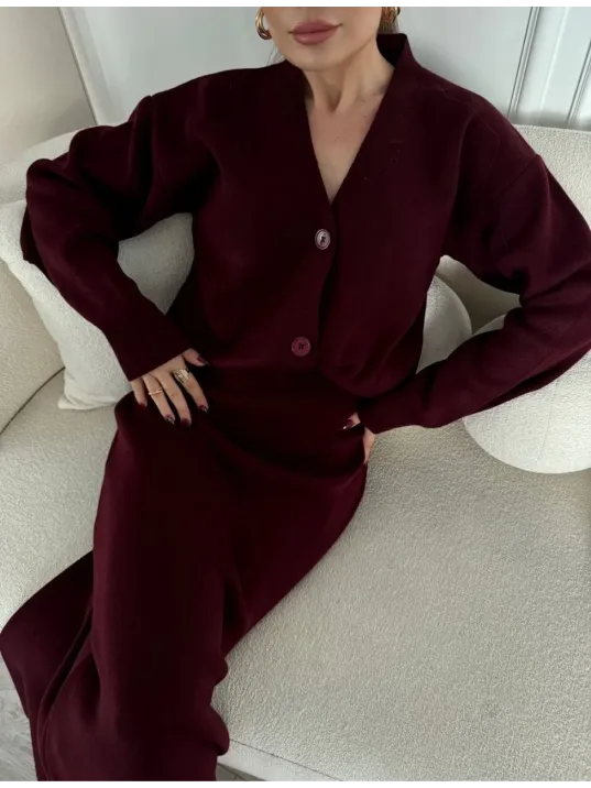 V Yaka 3 Düğmeli Hırka Takım Triko İkili Etekli - Bordo