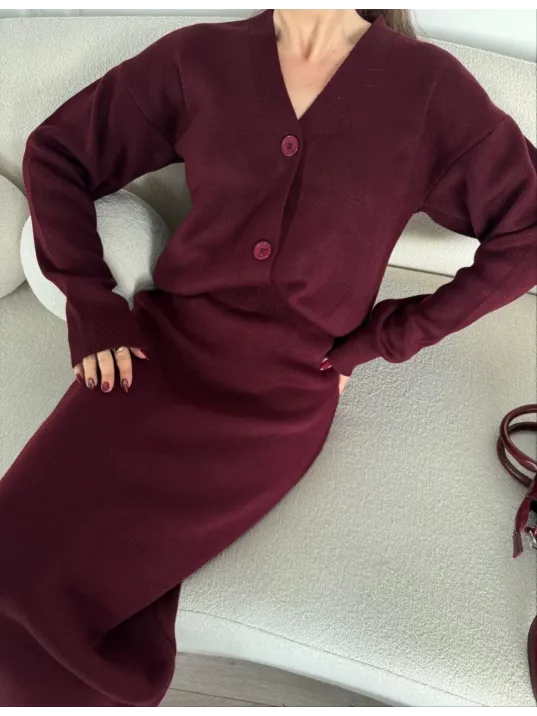 V Yaka 3 Düğmeli Hırka Takım Triko İkili Etekli - Bordo