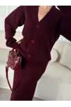 V Yaka 3 Düğmeli Hırka Takım Triko İkili Etekli - Bordo