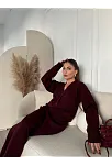 V Yaka 3 Düğmeli Hırka Takım Triko İkili Etekli - Bordo