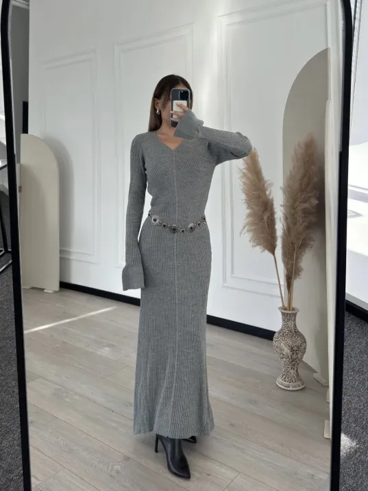 V Yaka Fitilli Uzun Elbise- Gri V Yaka Fitilli Uzun Elbise- Gri