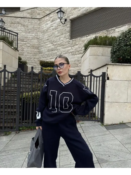 V Yaka Üç İplik Sweat Takım - Siyah