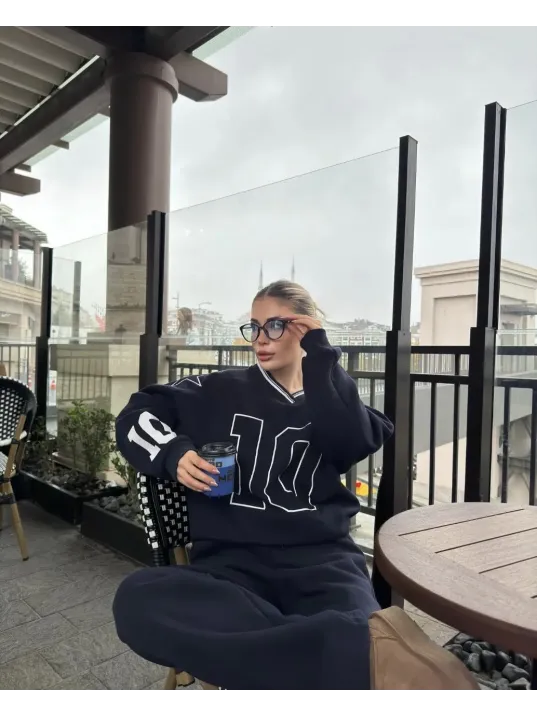 V Yaka Üç İplik Sweat Takım - Siyah