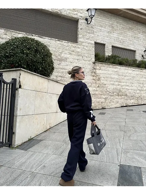 V Yaka Üç İplik Sweat Takım - Siyah