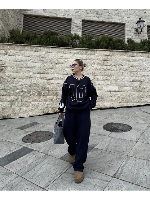 V Yaka Üç İplik Sweat Takım - Siyah