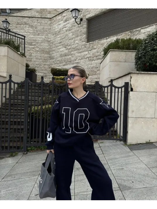 V Yaka Üç İplik Sweat Takım - Siyah