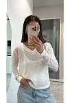 V Yaka Uzun Kollu Triko İnce Bluz - Beyaz