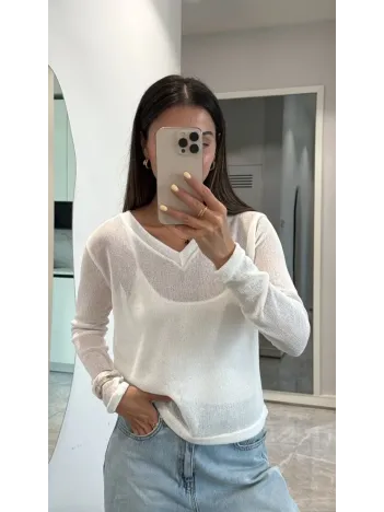 V Yaka Uzun Kollu Triko İnce Bluz - Beyaz V Yaka Uzun Kollu Triko İnce Bluz - Beyaz