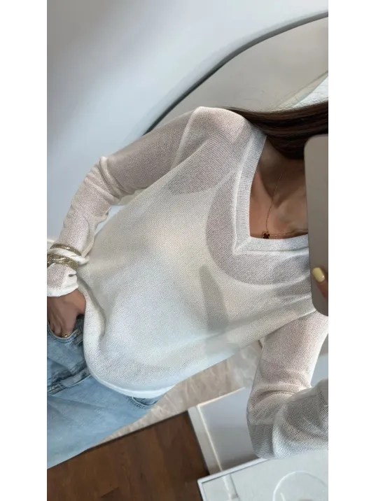 V Yaka Uzun Kollu Triko İnce Bluz - Beyaz V Yaka Uzun Kollu Triko İnce Bluz - Beyaz