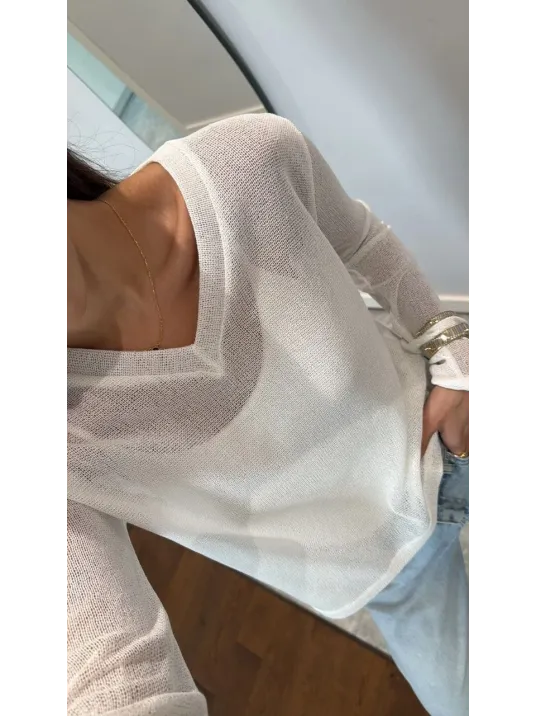 V Yaka Uzun Kollu Triko İnce Bluz - Beyaz V Yaka Uzun Kollu Triko İnce Bluz - Beyaz