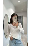 V Yaka Uzun Kollu Triko İnce Bluz - Beyaz