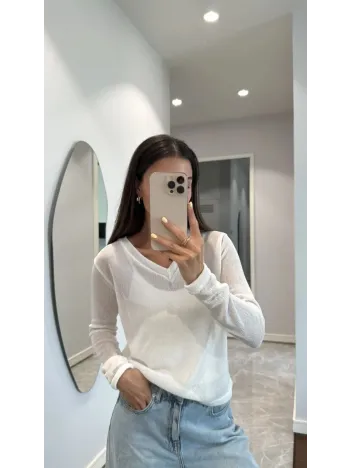 V Yaka Uzun Kollu Triko İnce Bluz - Beyaz